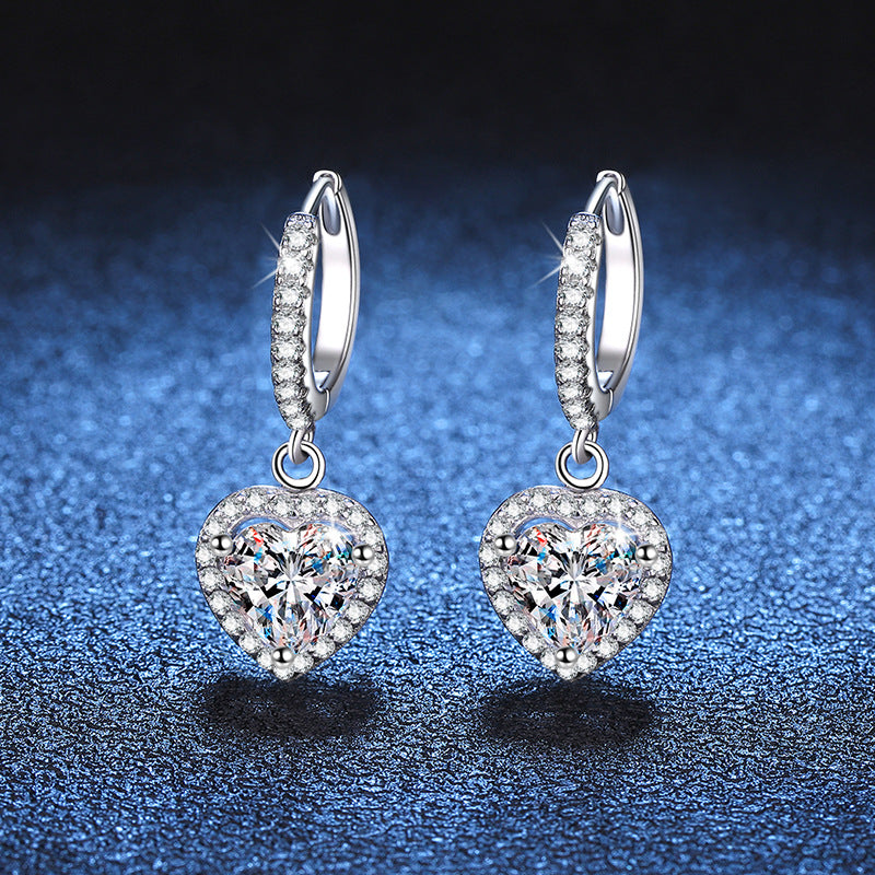 Earrings Sterling Silver Heart-Shaped Moissanite Drop Earrings with Platinum Plating and Halo Design
