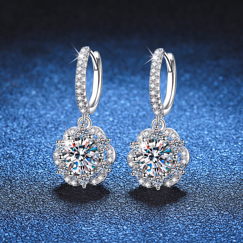 Earrings Sterling Silver Moissanite Rose Flower Halo Drop Earrings with Brilliant Cut Stones