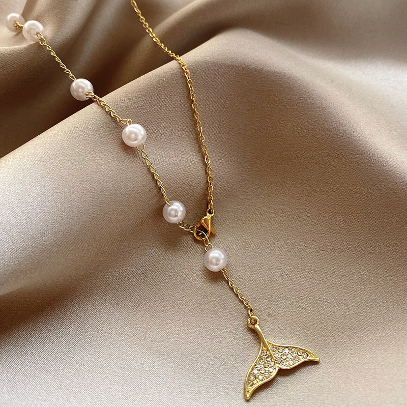 Adjustable Mermaid Tail Pearl Stainless Steel Necklace for Women - Elegant & Trendy Layering Piece