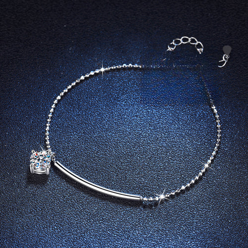 Bracelet Sterling Silver Crescent Moon Bar Moissanite Chain Bracelet with Adjustable Clasp