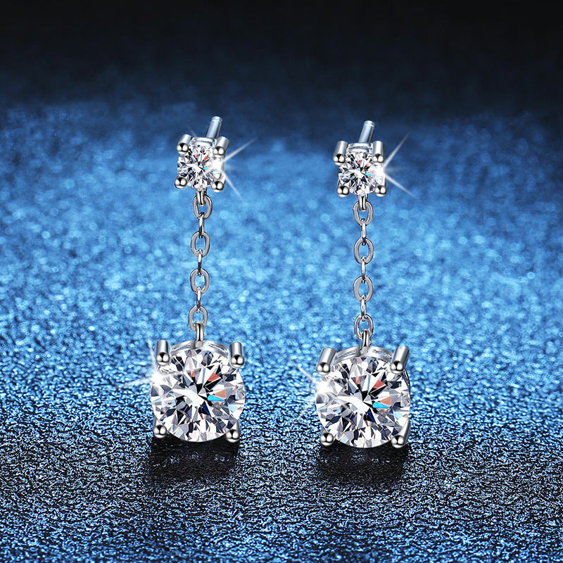 Earrings Sterling Silver Moissanite Drop Earrings with Four-Prong Setting and Delicate Chain Design