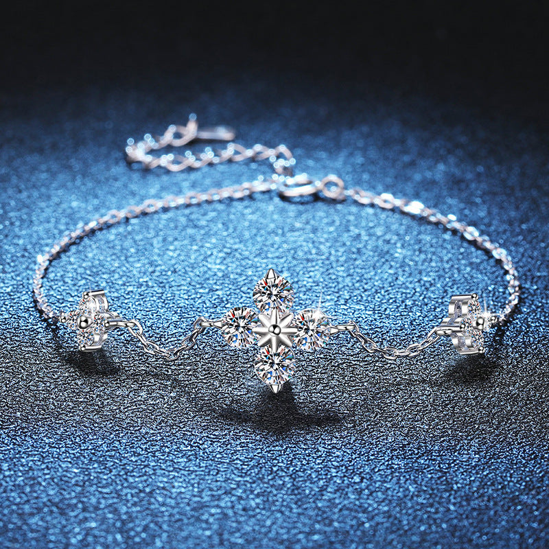 Bracelet Sterling Silver Four Leaf Clover Lucky Charm with Moissanite Stones Adjustable Chain