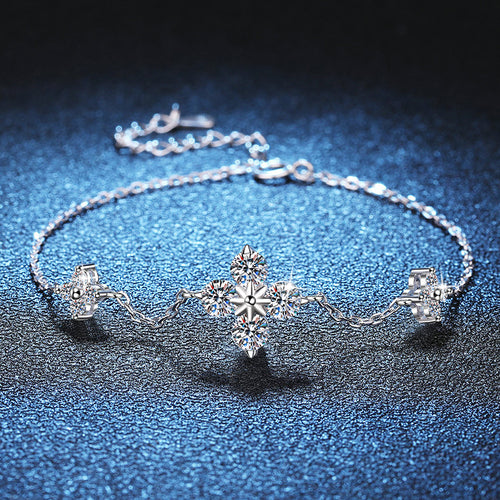 Bracelet Sterling Silver Four Leaf Clover Lucky Charm with Moissanite Stones Adjustable Chain