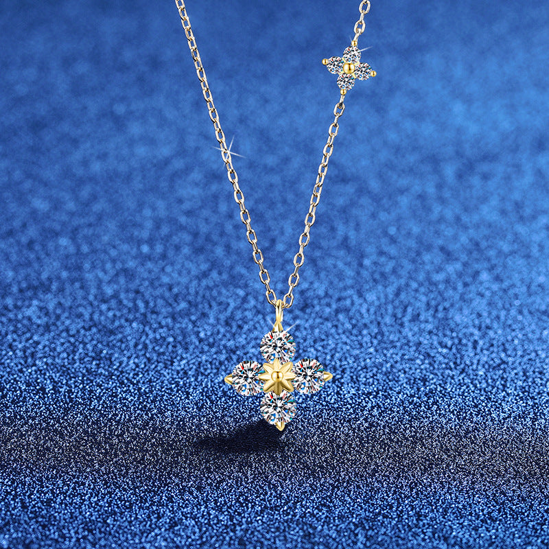 Necklace Sterling Silver Four Leaf Clover Pendant with Moissanite Stones Delicate Collarbone Chain