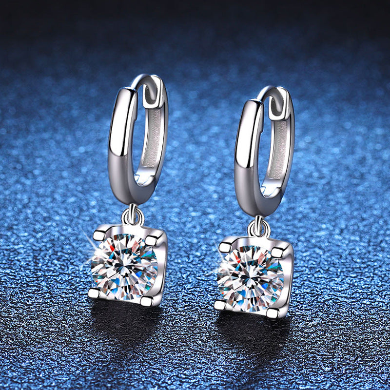 Earrings Sterling Silver Moissanite Drop Hoop Earrings with Four-Prong Setting
