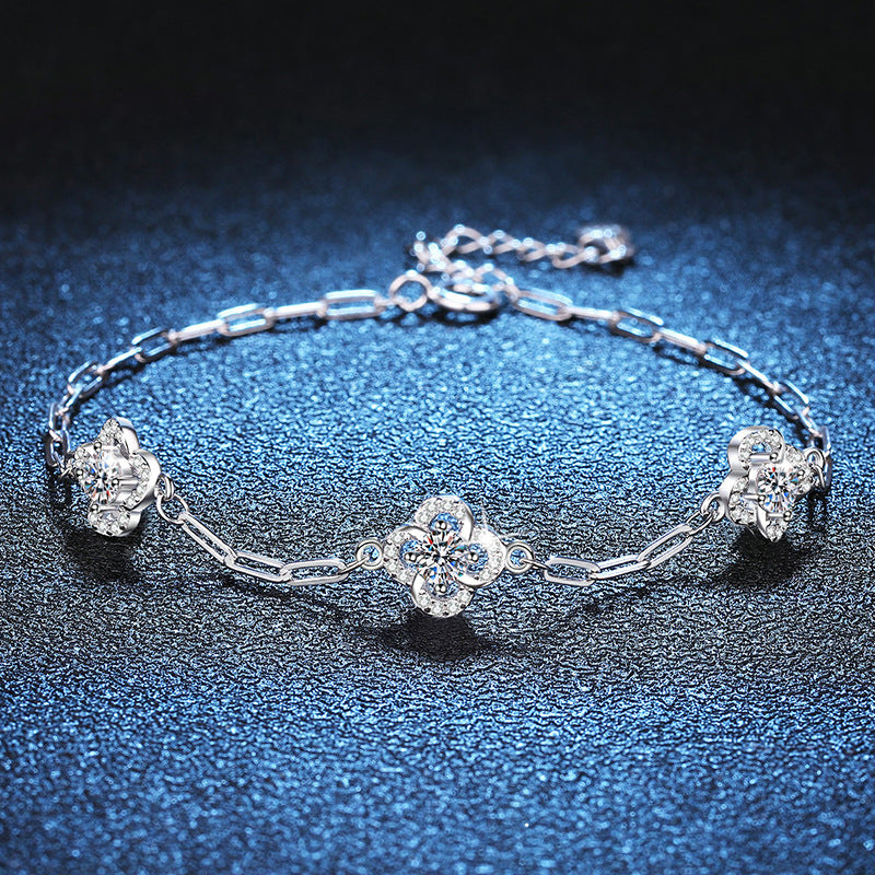 Bracelet Sterling Silver Four Leaf Clover Moissanite Diamond Chain Bracelet for Women