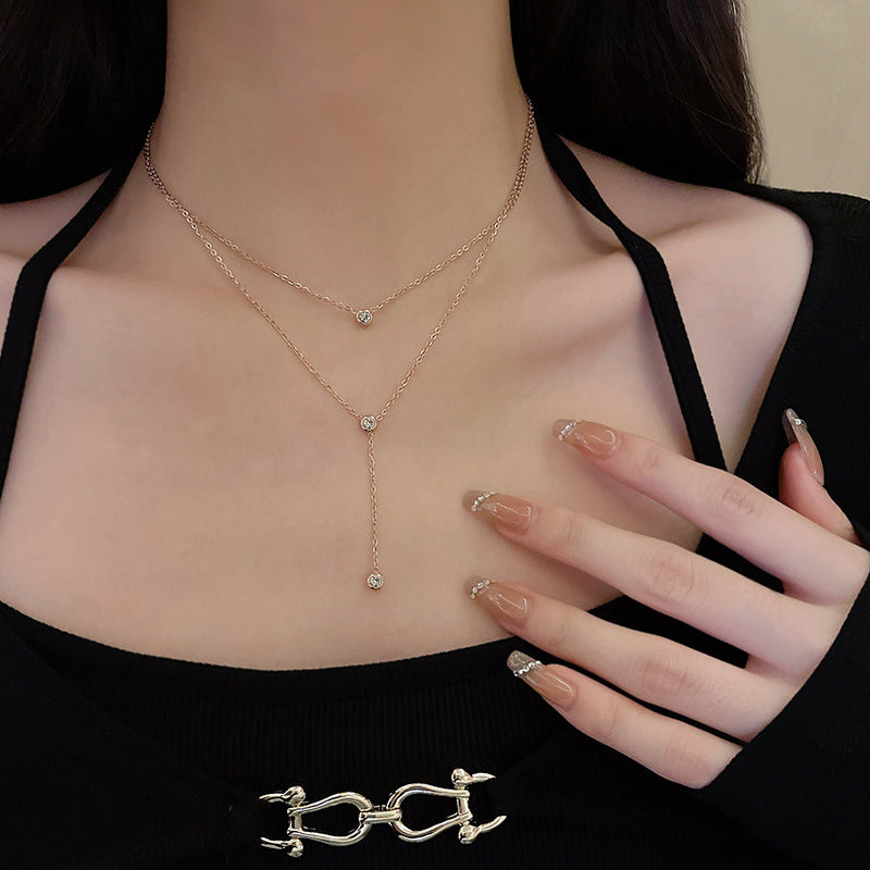Layered Titanium Steel Necklace with Geometric Zirconia Pendant in Rose Gold