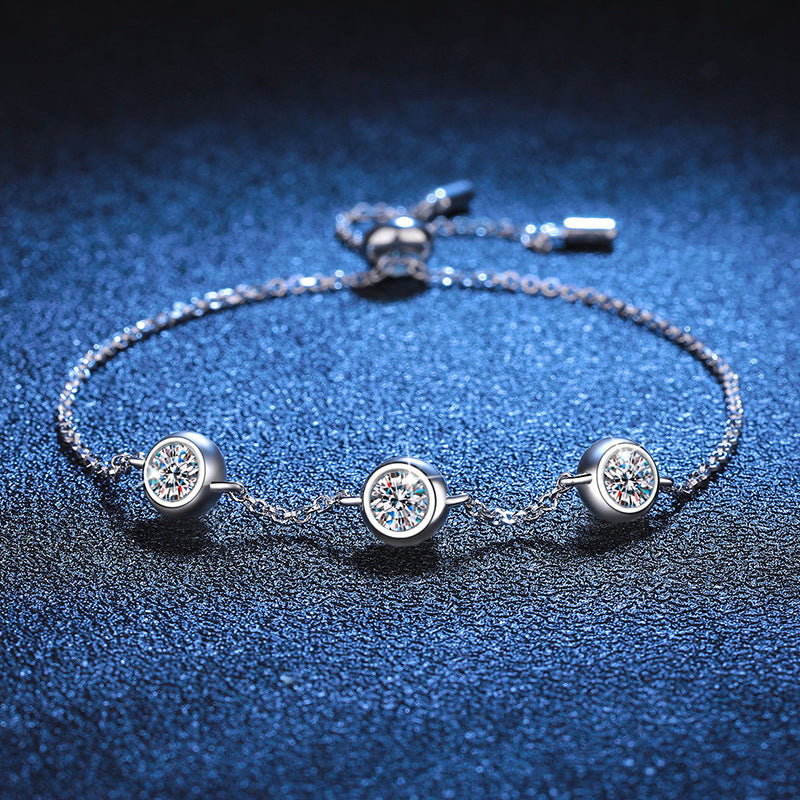 Bracelet Sterling Silver Moissanite Chain with Three Round Bezel Set Stones Adjustable Slider Clasp
