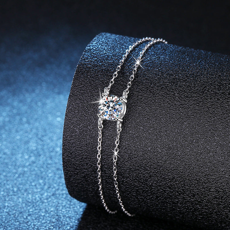 Bracelet Double Layer Four Prong Moissanite Sterling Silver Chain Bracelet with Brilliant Cut Stone