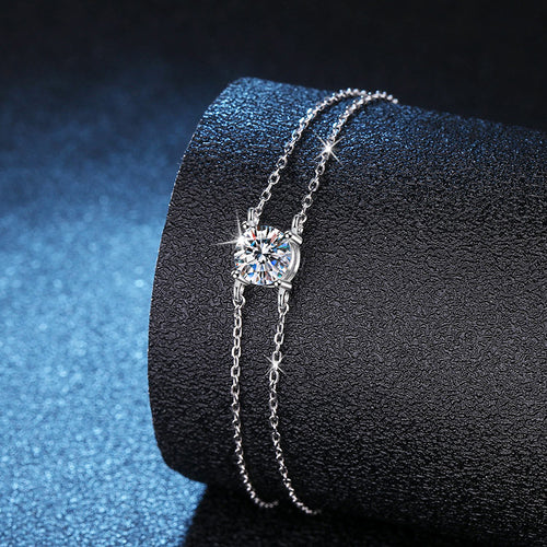Bracelet Double Layer Four Prong Moissanite Sterling Silver Chain Bracelet with Brilliant Cut Stone
