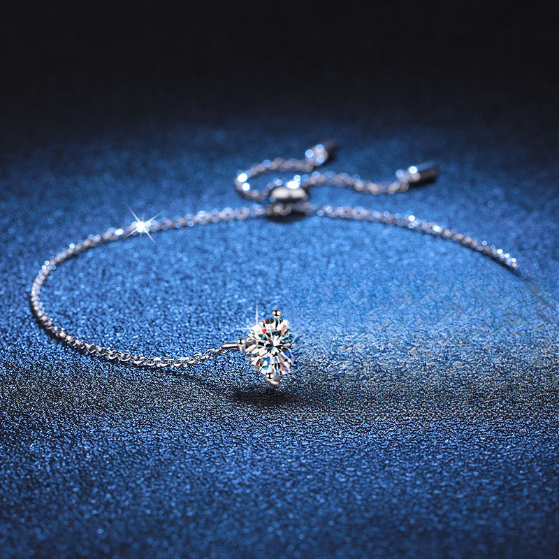 Bracelet Sterling Silver Four Prong Moissanite Solitaire Adjustable Chain Bracelet