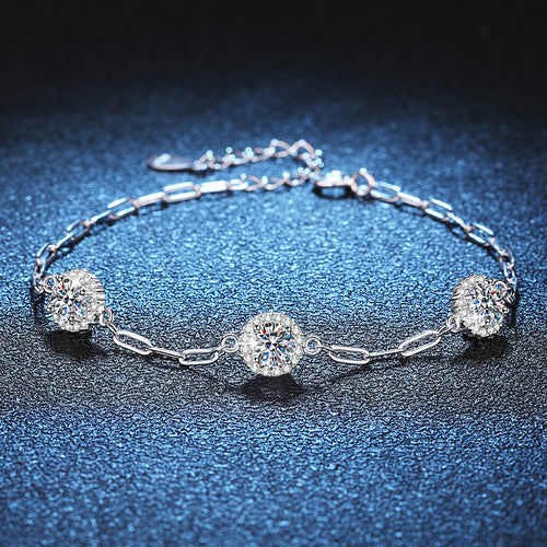 Bracelet Sterling Silver Moissanite Chain with Round Halo Settings and Adjustable Clasp