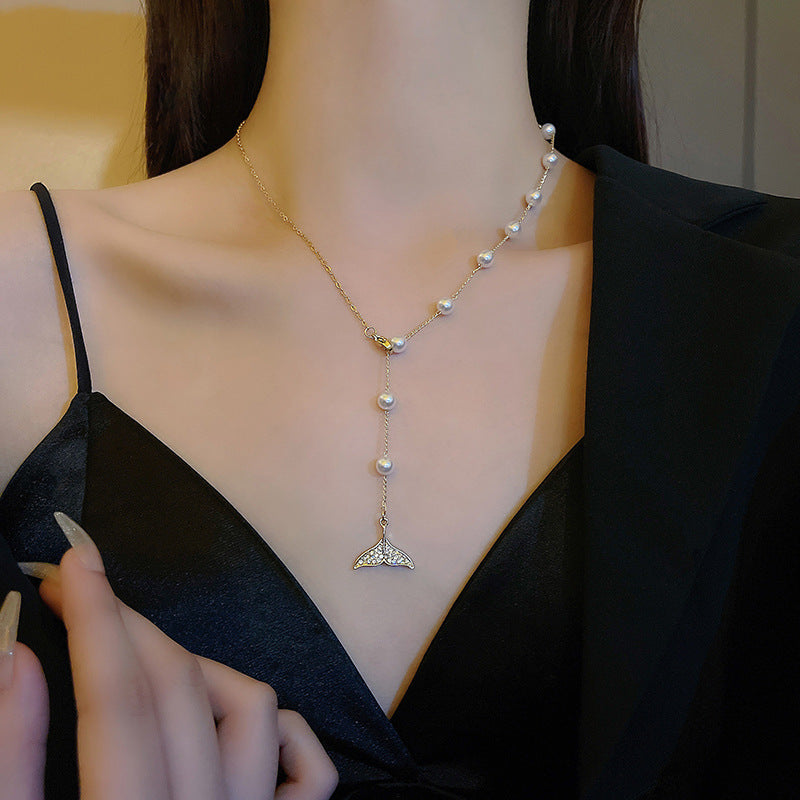Long Mermaid Tail Pearl Necklace with Fringe Pendant for Women, Gold Tone Geometric Design
