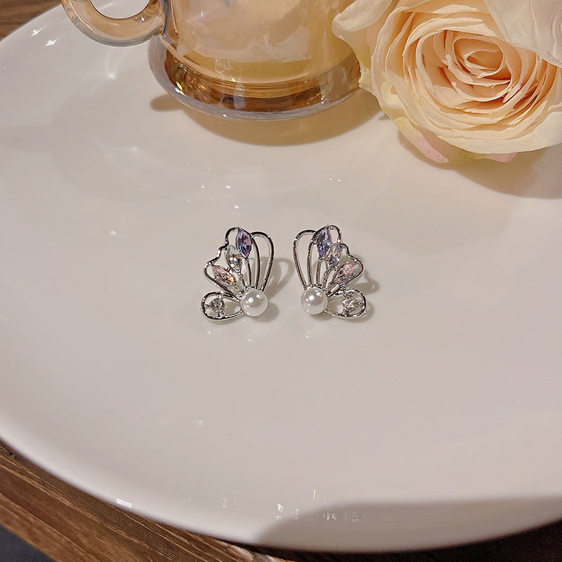 Butterfly Pearl Stud Earrings with Colorful Zirconia and S925 Silver Needles