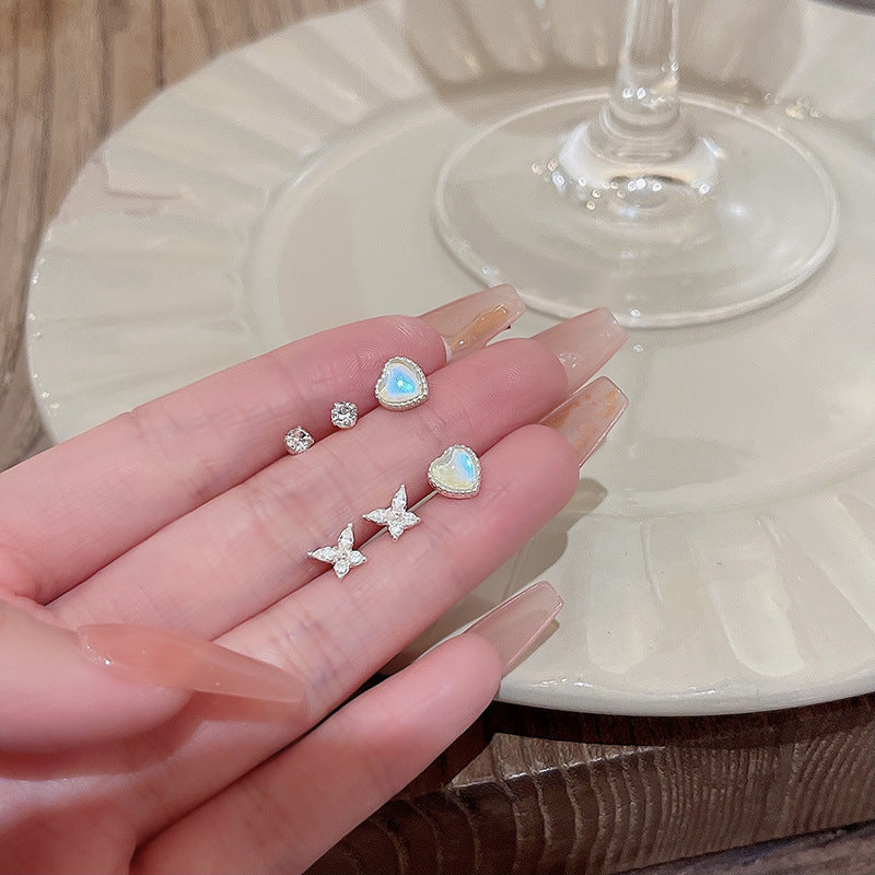 Earrings Set with Gradient Heart and Bow Design, Minimalist Silver Studs for Everyday Wear