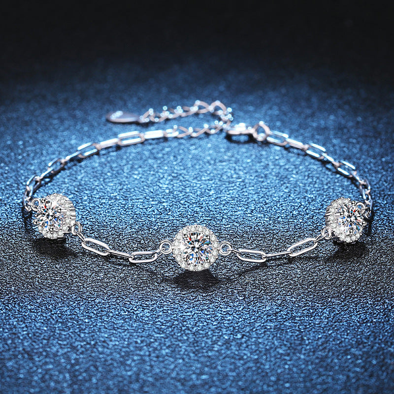 Bracelet Sterling Silver Moissanite Chain with Round Halo Settings and Adjustable Clasp