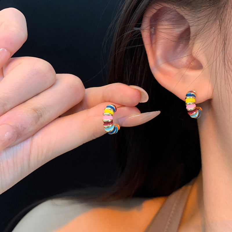 Geometric Enamel Stud Earrings with S925 Silver Needles for Women