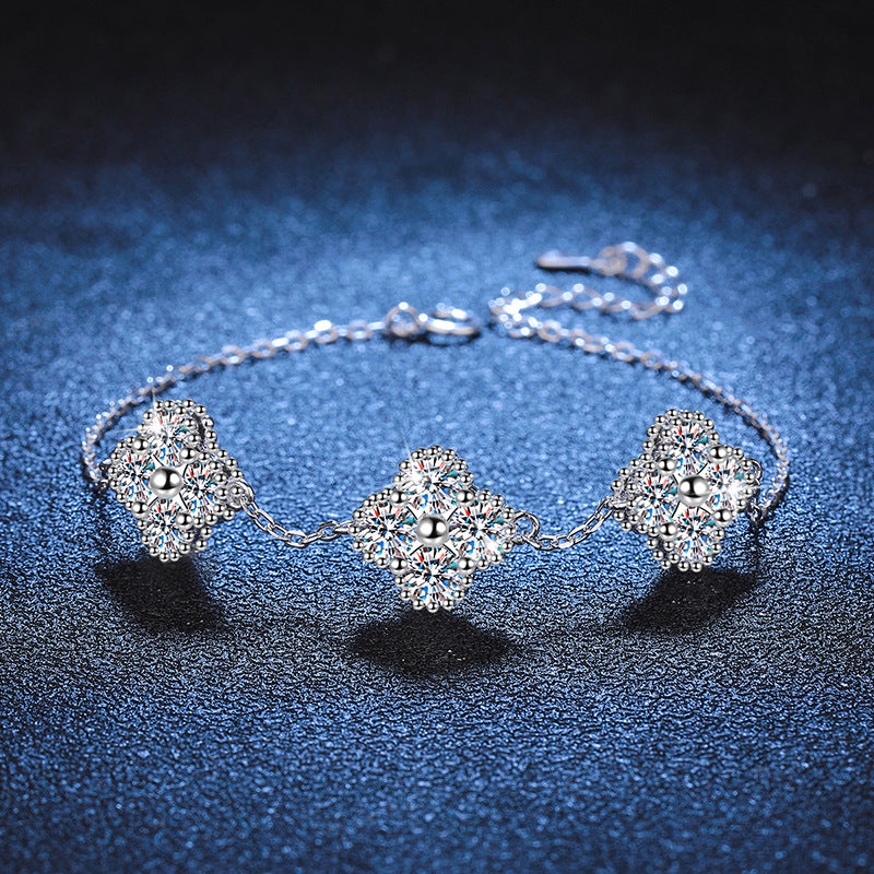 Bracelet Luxury Four Leaf Clover Sterling Silver Chain with Moissanite Stones Adjustable
