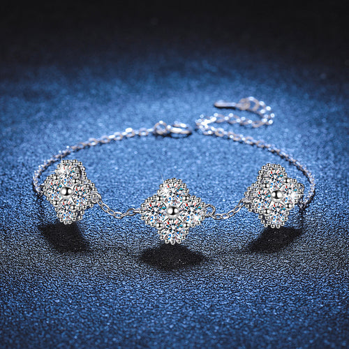 Bracelet Luxury Four Leaf Clover Sterling Silver Chain with Moissanite Stones Adjustable