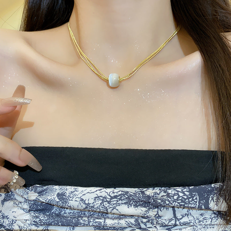 Vintage-Inspired Multi-Layer Cat's Eye Stone Necklace with Geometric Pendant for Women