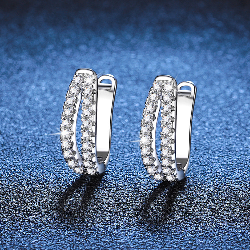 Elegant Crossover Moissanite Stud Earrings Sterling Silver Double Row Sparkling Hoop Design