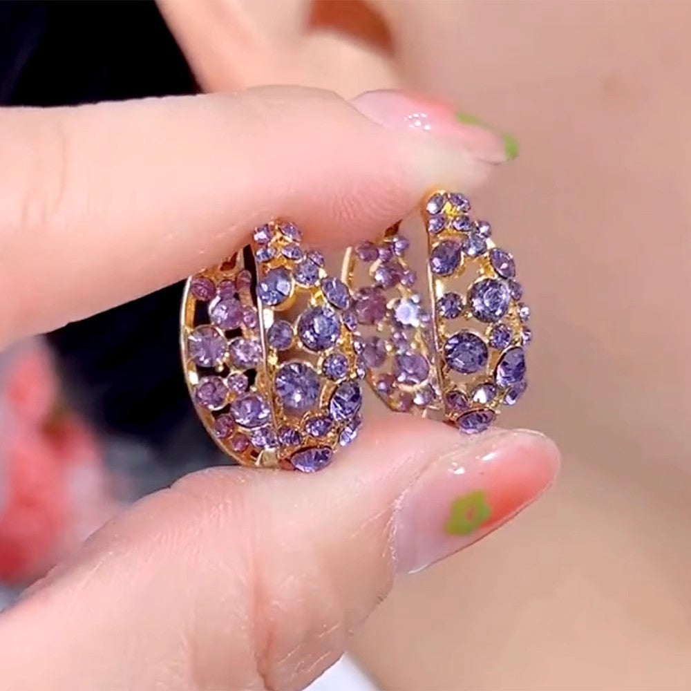 Geometric Purple Crystal Stud Earrings with Light Luxury Style