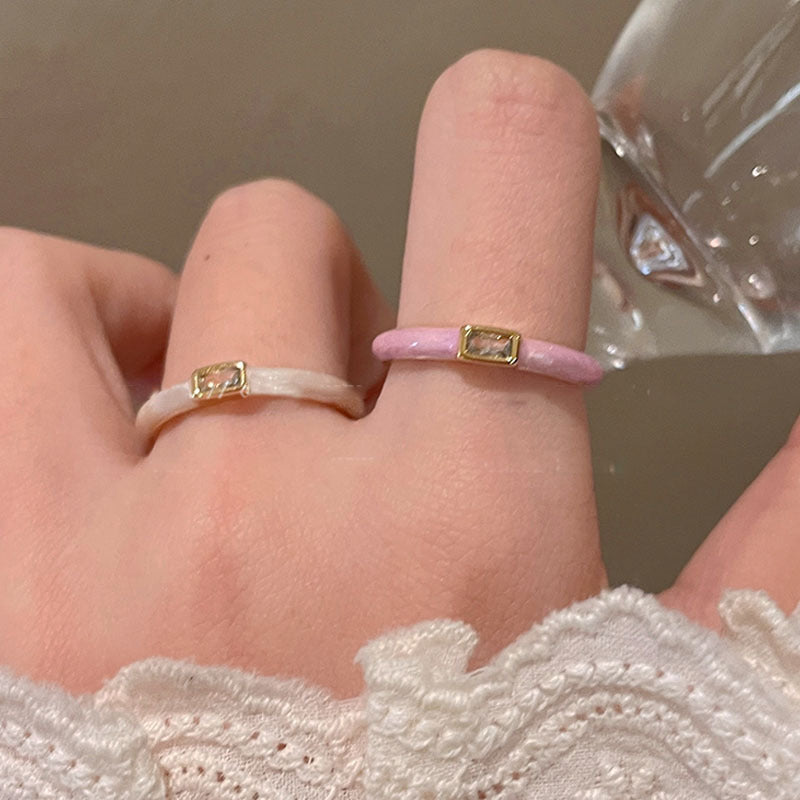 Adjustable Geometric Enamel Ring with Square Accent for Women
