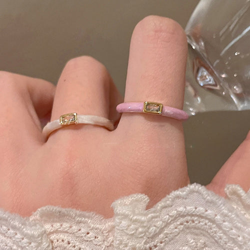 Adjustable Geometric Enamel Ring with Square Accent for Women
