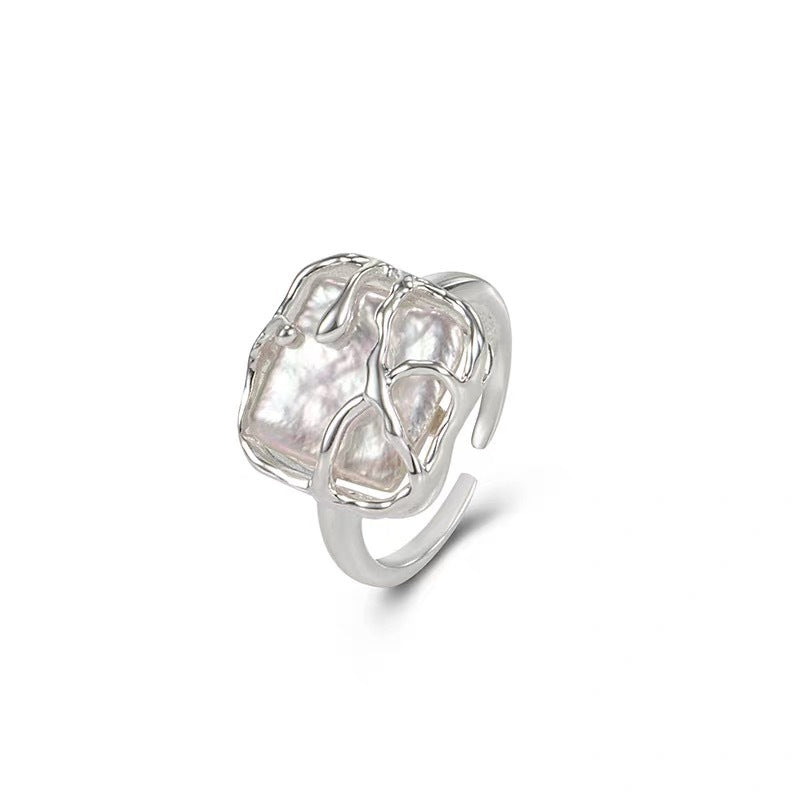 Modern Irregular Square Natural Baroque Pearls Tree Branch 925 Sterling Silver Adjustable Ring