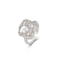 Modern Irregular Square Natural Baroque Pearls Tree Branch 925 Sterling Silver Adjustable Ring