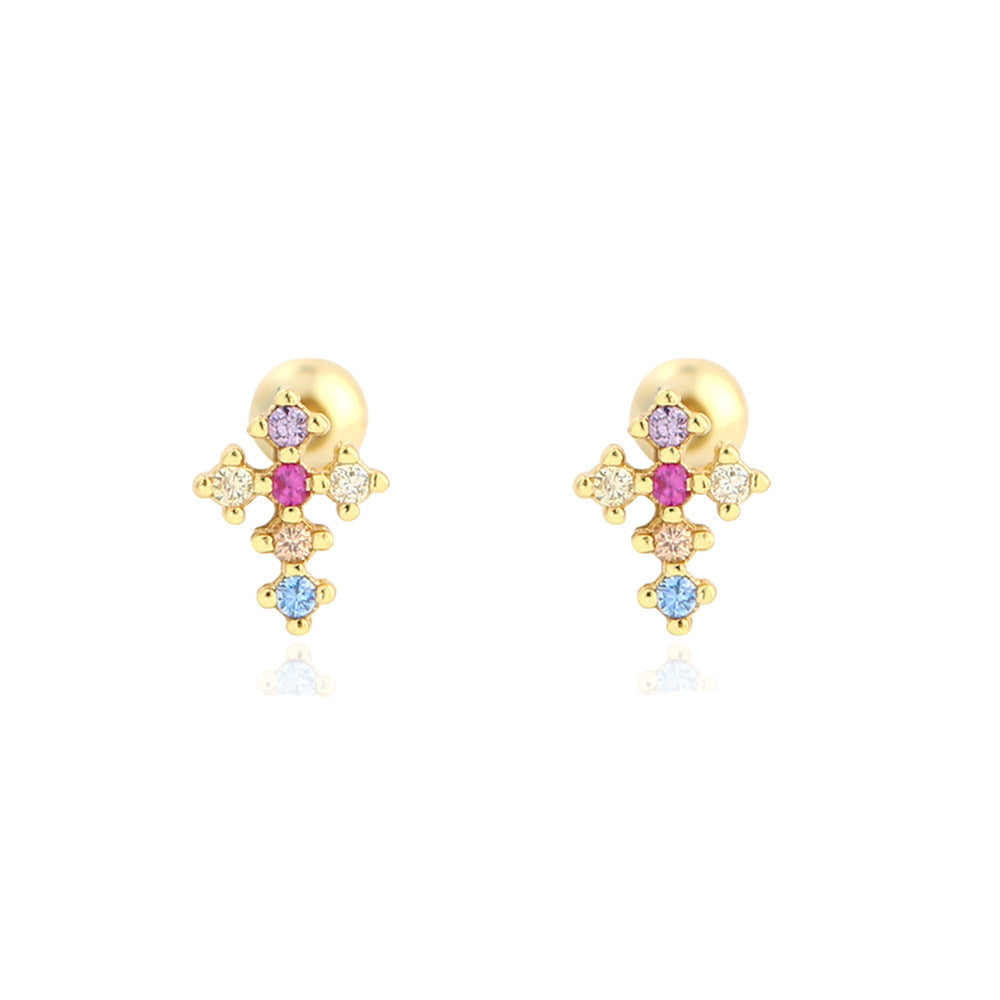 Cross Shaped Cubic Zirconia Multicoloured Gemstone 925 Sterling Silver Stud Earrings