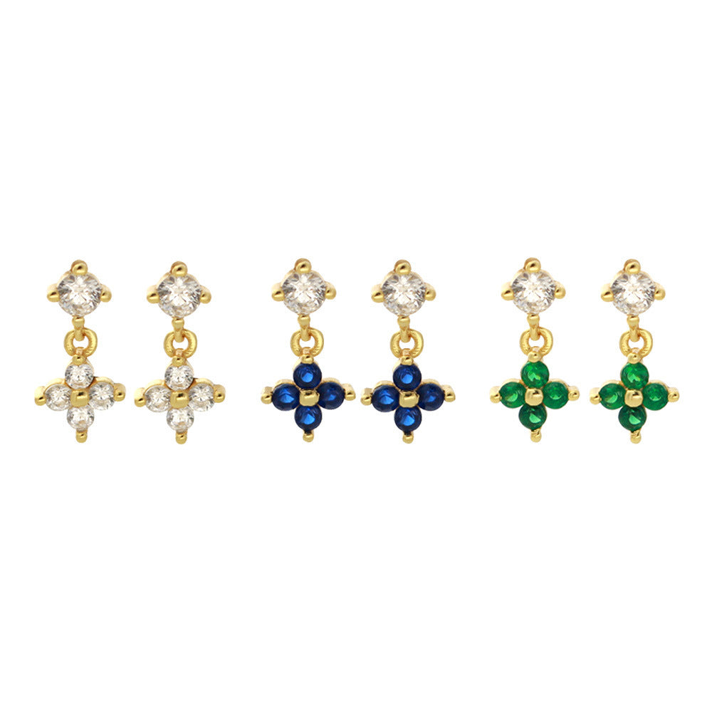 Mini Delicate Four Leaf Clover Cubic Zirconia Drop 925 Sterling Silver Stud Earrings