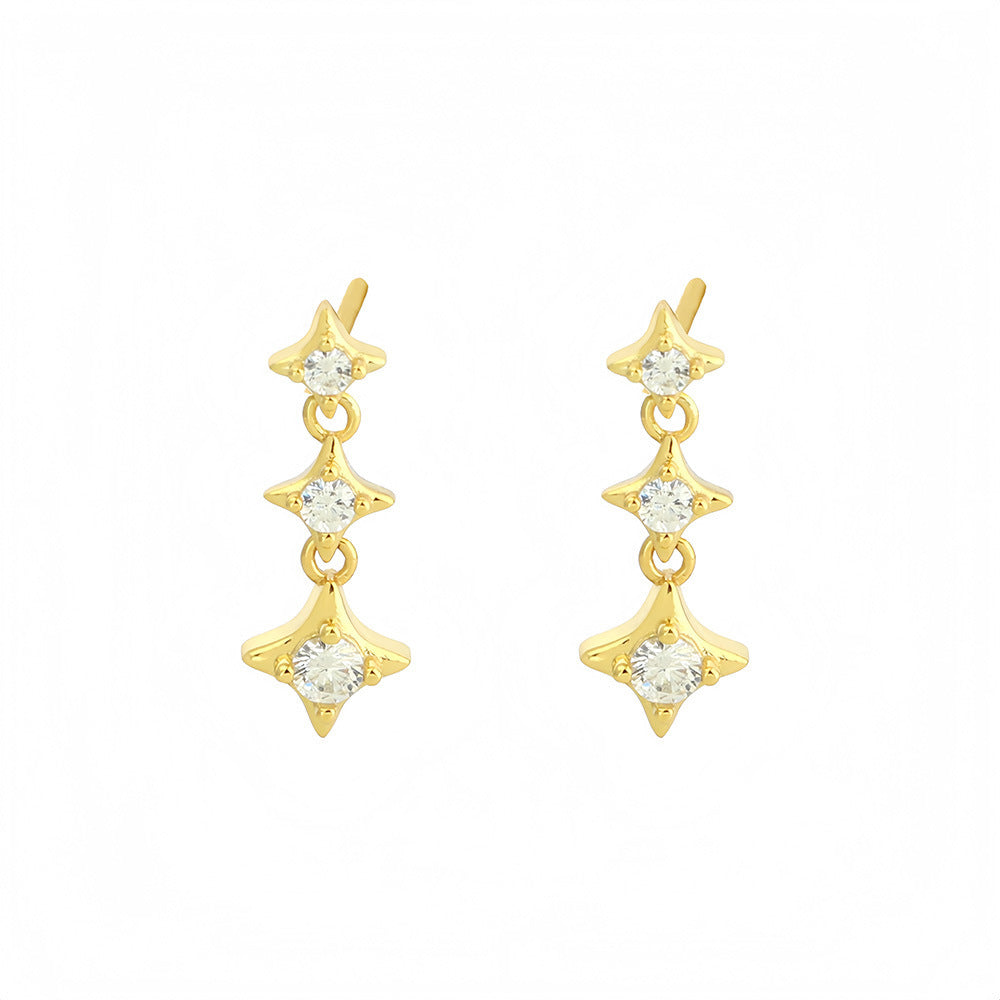 Elegant Geometric Triple Four Point Star Cubic Zirconia S925 Silver Drop Earrings