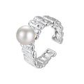Women Modern Casual Fashion Finished Pearl Geometric Textured Band Rhodium S925 Sterling Silver Adjustable Open Ring