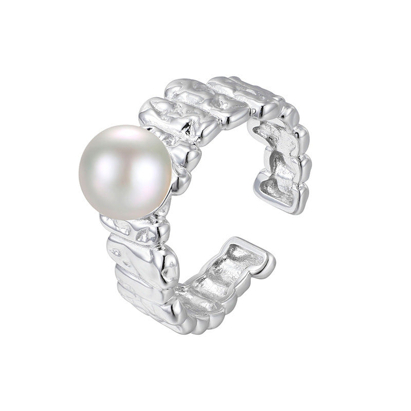 Women Modern Casual Fashion Finished Pearl Geometric Textured Band Rhodium S925 Sterling Silver Adjustable Open Ring