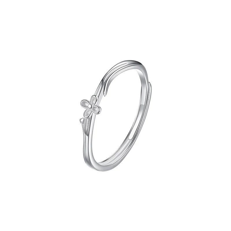 Minimalist Delicate Lilac Flower Branch Pure Metal S925 Sterling Silver Adjustable Open Ring