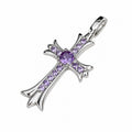 925 Sterling Silver Geometric Vintage Religious Cross Pendant Necklace with Purple or White Round Gemstone Accents
