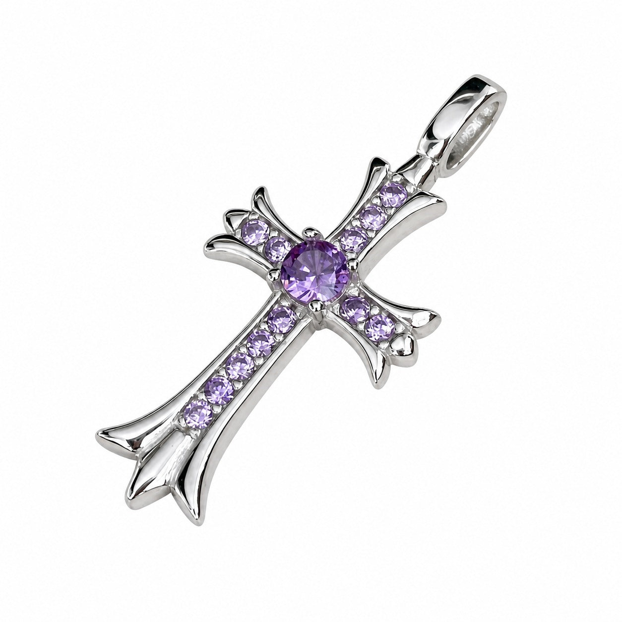 925 Sterling Silver Geometric Vintage Religious Cross Pendant Necklace with Purple or White Round Gemstone Accents