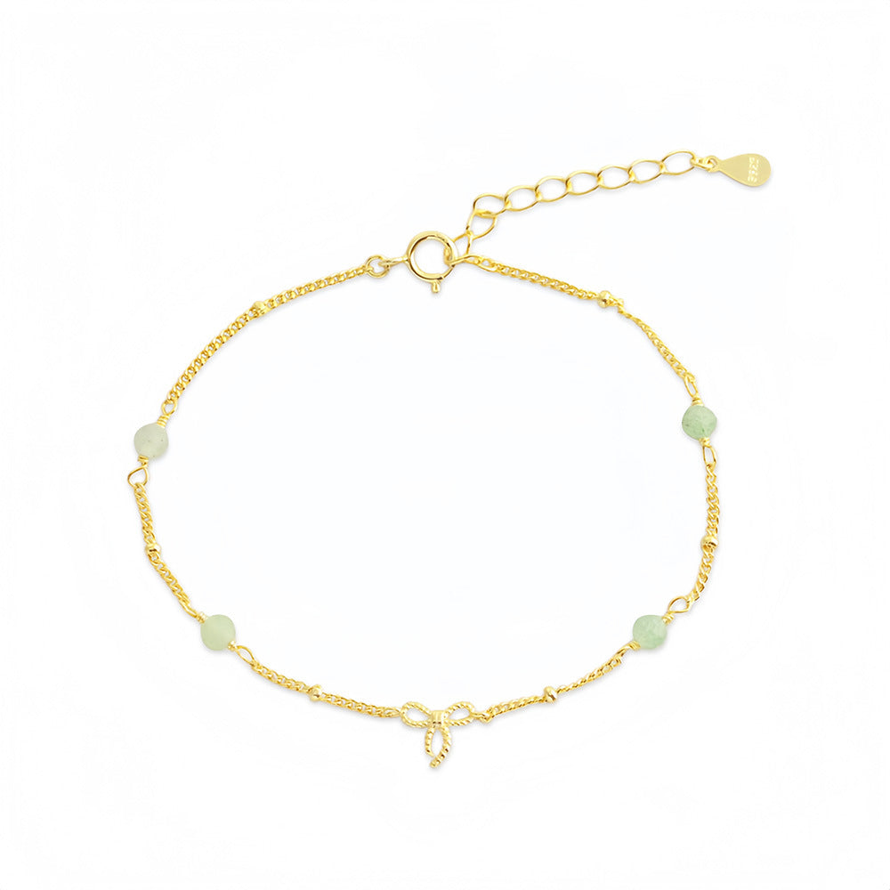 Bowknot Green Aventurine Natural Stone 925 Sterling Silver Chain Bracelet