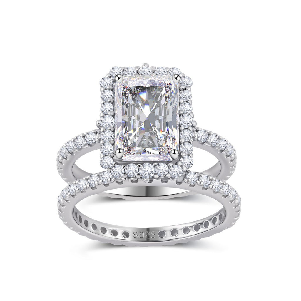 White Moissanite Halo Split Shank Ring S925 Sterling Silver  Ring