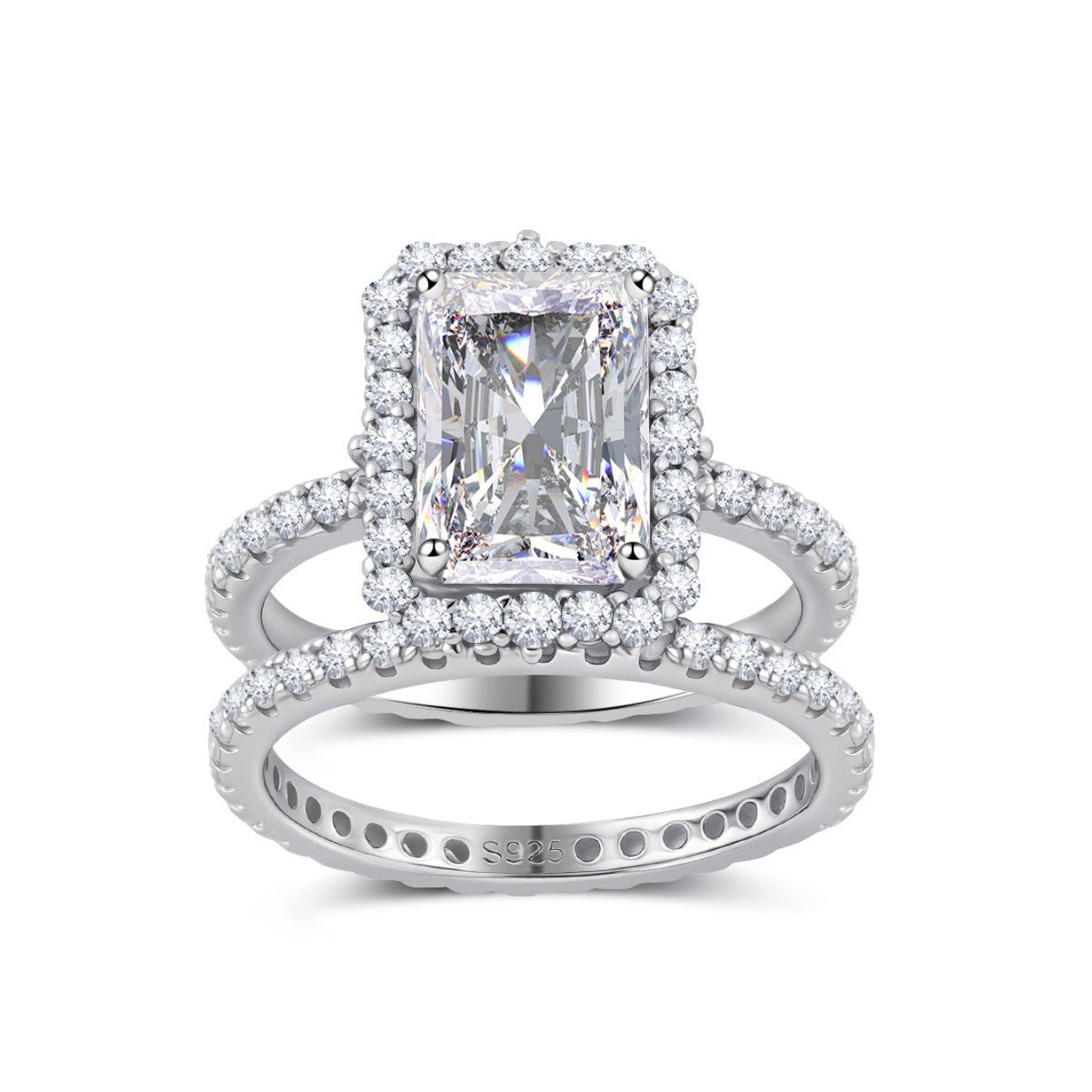 White Moissanite Halo Split Shank Ring S925 Sterling Silver  Ring