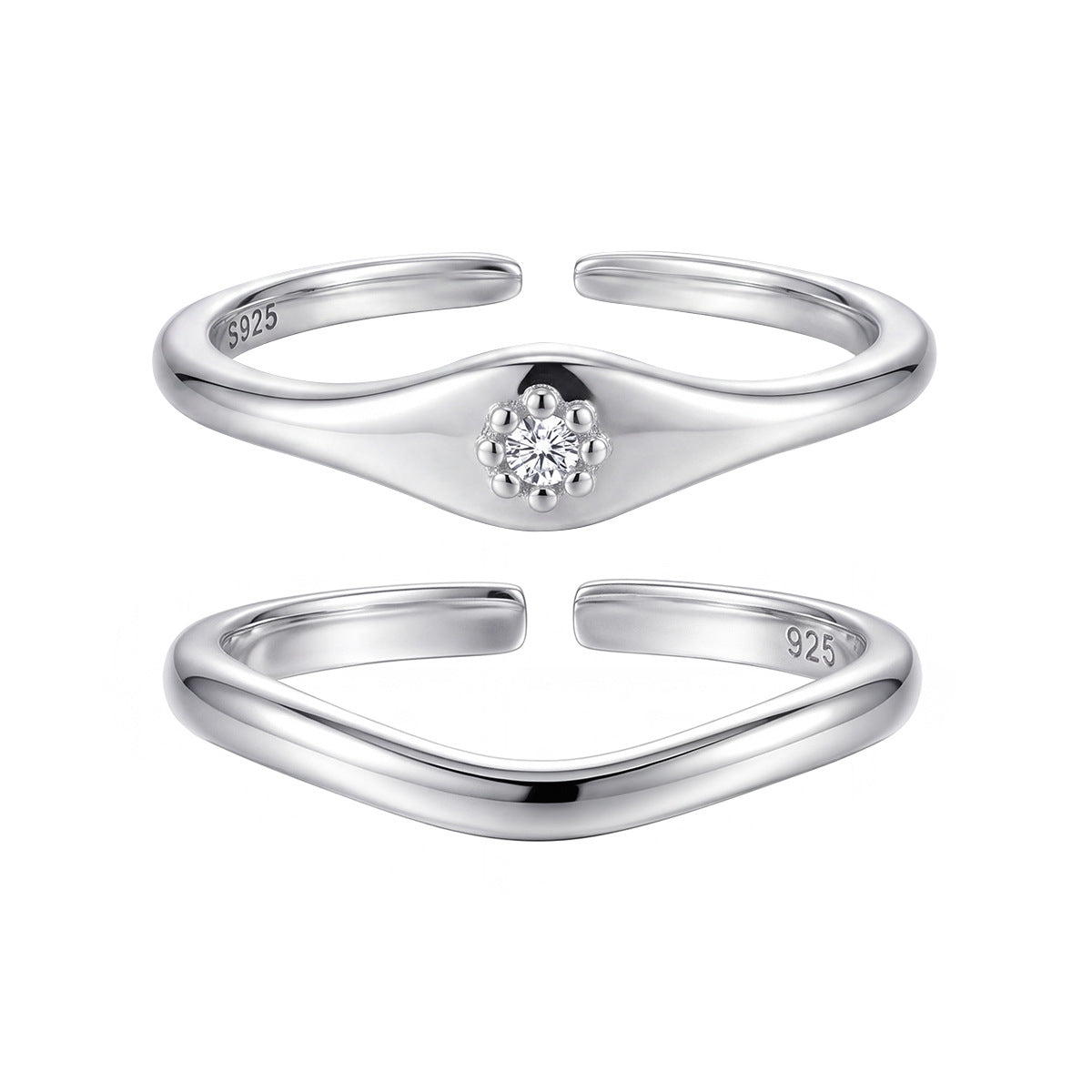 Minimalist Modern Geometric Wave 925 Sterling Silver Ring with Cubic Zirconia Adjustable Ring
