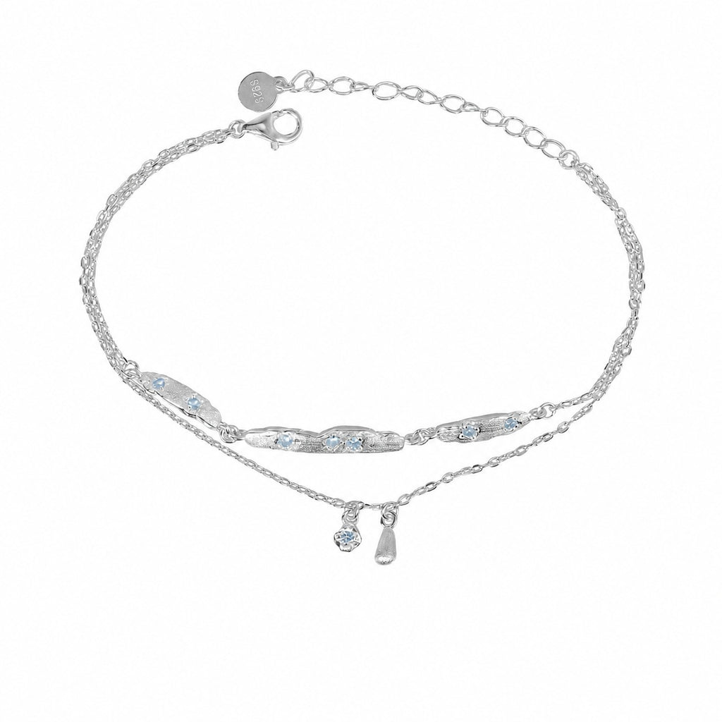 Cubic Zirconia Double Layer Teardrop Pendant with 925 Sterling Silver Brushed Texture Irregular Bar Link Bracelet