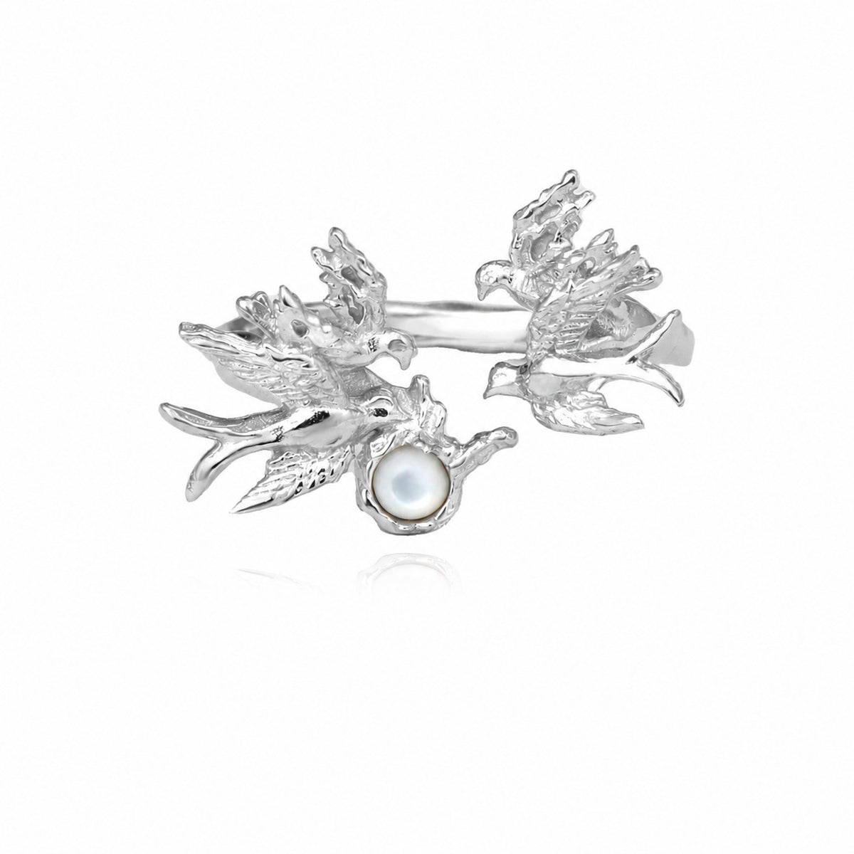 White Shell  Bird Animal Motif 925 Sterling Silver Openwork Ring