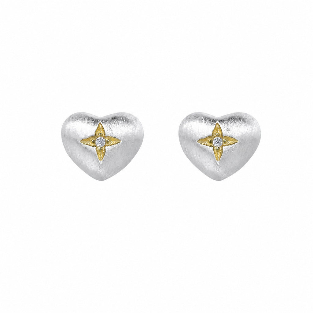 Brushed Heart-Shaped Zirconia Two Tone 925 Sterling Silver Gold-Plated Star Patterned Heart Stud Earrings