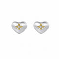 Brushed Heart-Shaped Zirconia Two Tone 925 Sterling Silver Gold-Plated Star Patterned Heart Stud Earrings