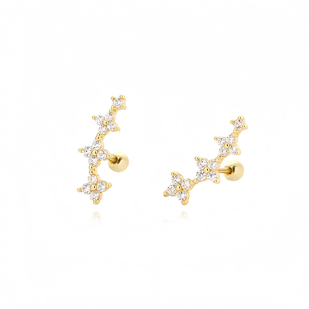 Cubic Zirconia Four Leaf Clover 925 Sterling Silver Flower Climber Ear Studs