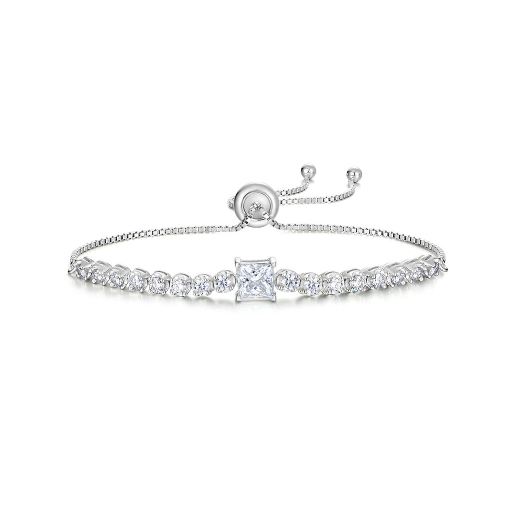 White Moissanite Geometric Princess Cut Square Center Stone Tennis Bracelet In S925 Sterling Silver Adjustable Slider Chain Bracelet Elegant Modern Fashion Jewelry Gift
