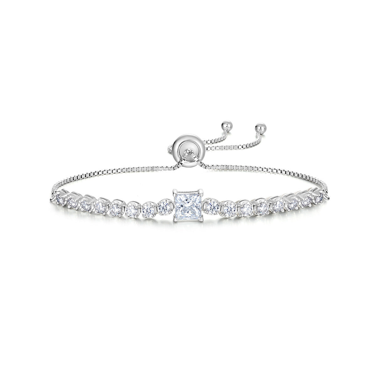 White Moissanite Geometric Princess Cut Square Center Stone Tennis Bracelet In S925 Sterling Silver Adjustable Slider Chain Bracelet Elegant Modern Fashion Jewelry Gift