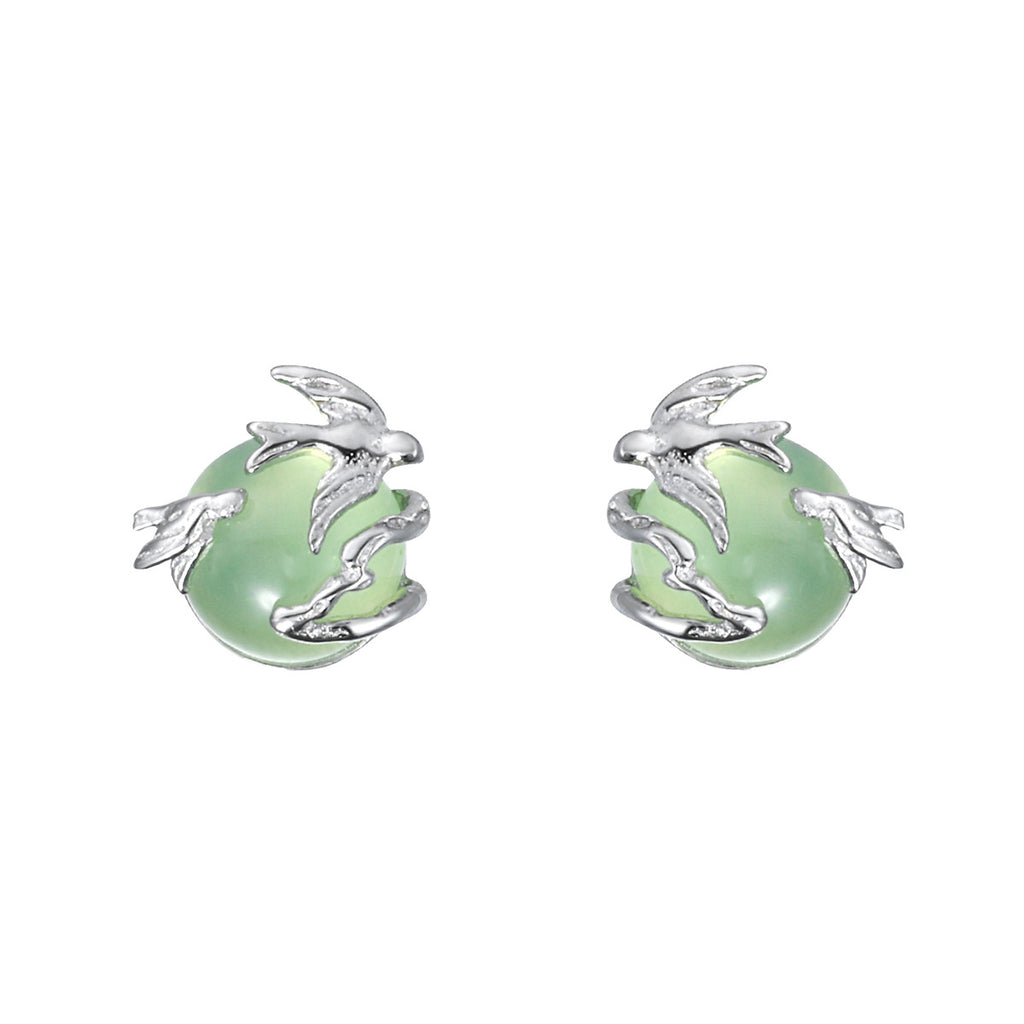Mini Delicate Green Stone Flying Bird 925 Sterling Silver Stud Earrings
